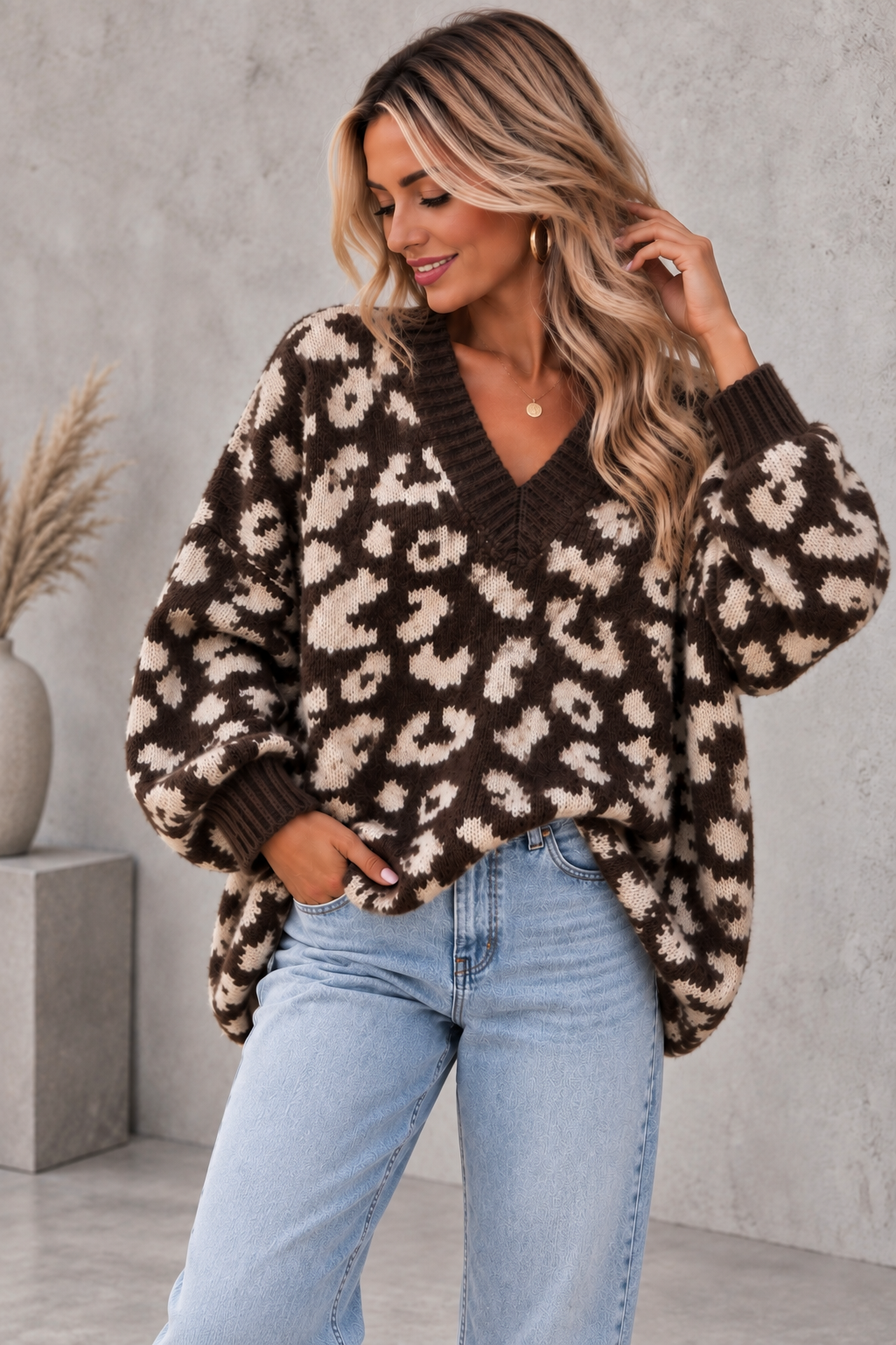 Cozy Strickpullover im angesagten Leo Muster braun /creme