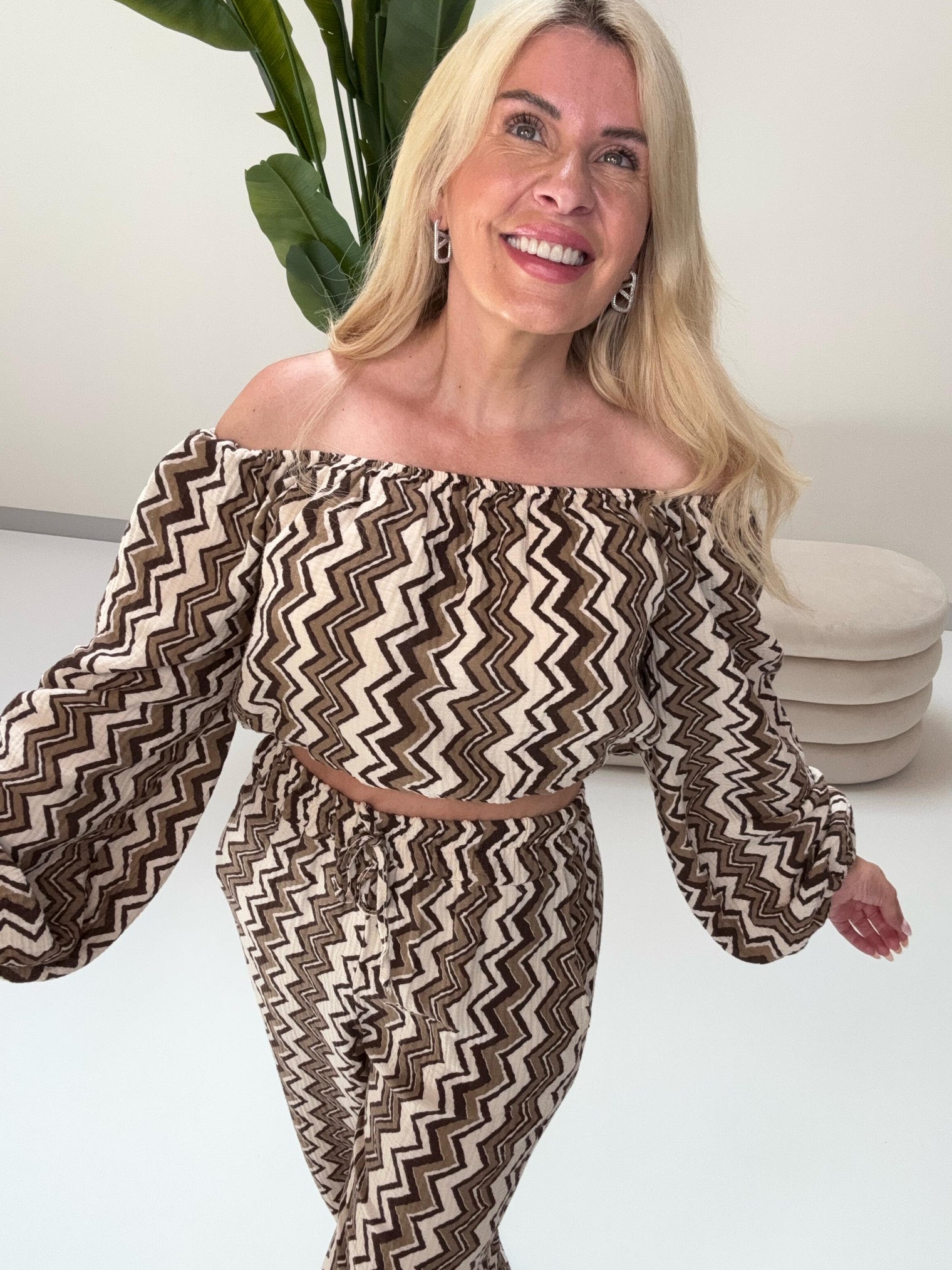 Musselin Carmen Bluse On FIRE creme/taupe/schwarz