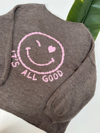 Oversize Strickpullover mit Smiley&Rückenprint taupe/rosa