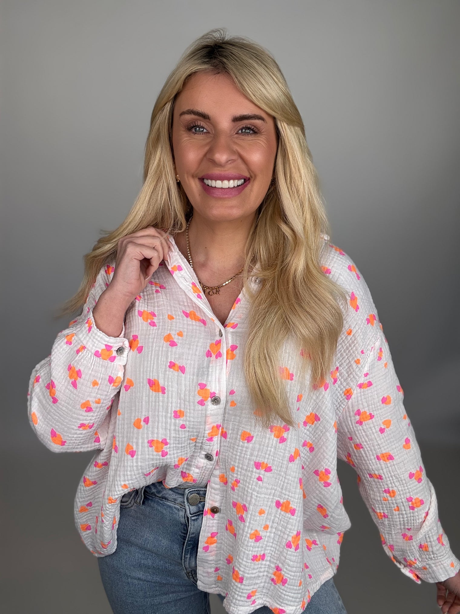 Musselin Bluse weiß LOVESTORY Herzen hot pink&orange