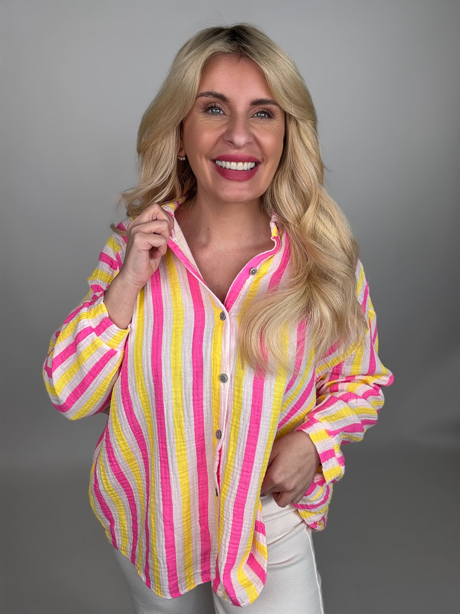 Musselin Bluse weiß NEON STREIFEN gelb&pink