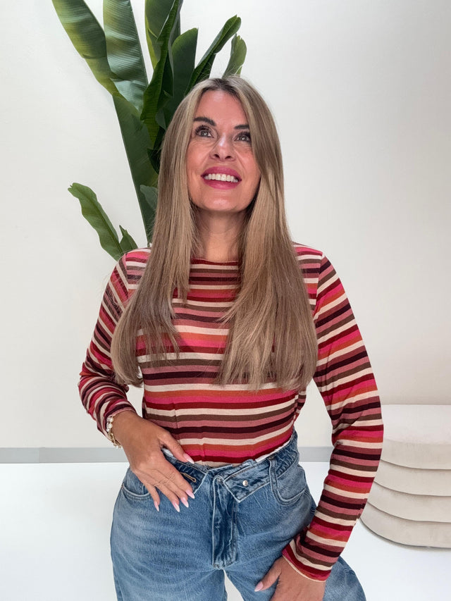 Comfy Stretchy Cashmere Langarmshirt pflaume/creme/pink/rost