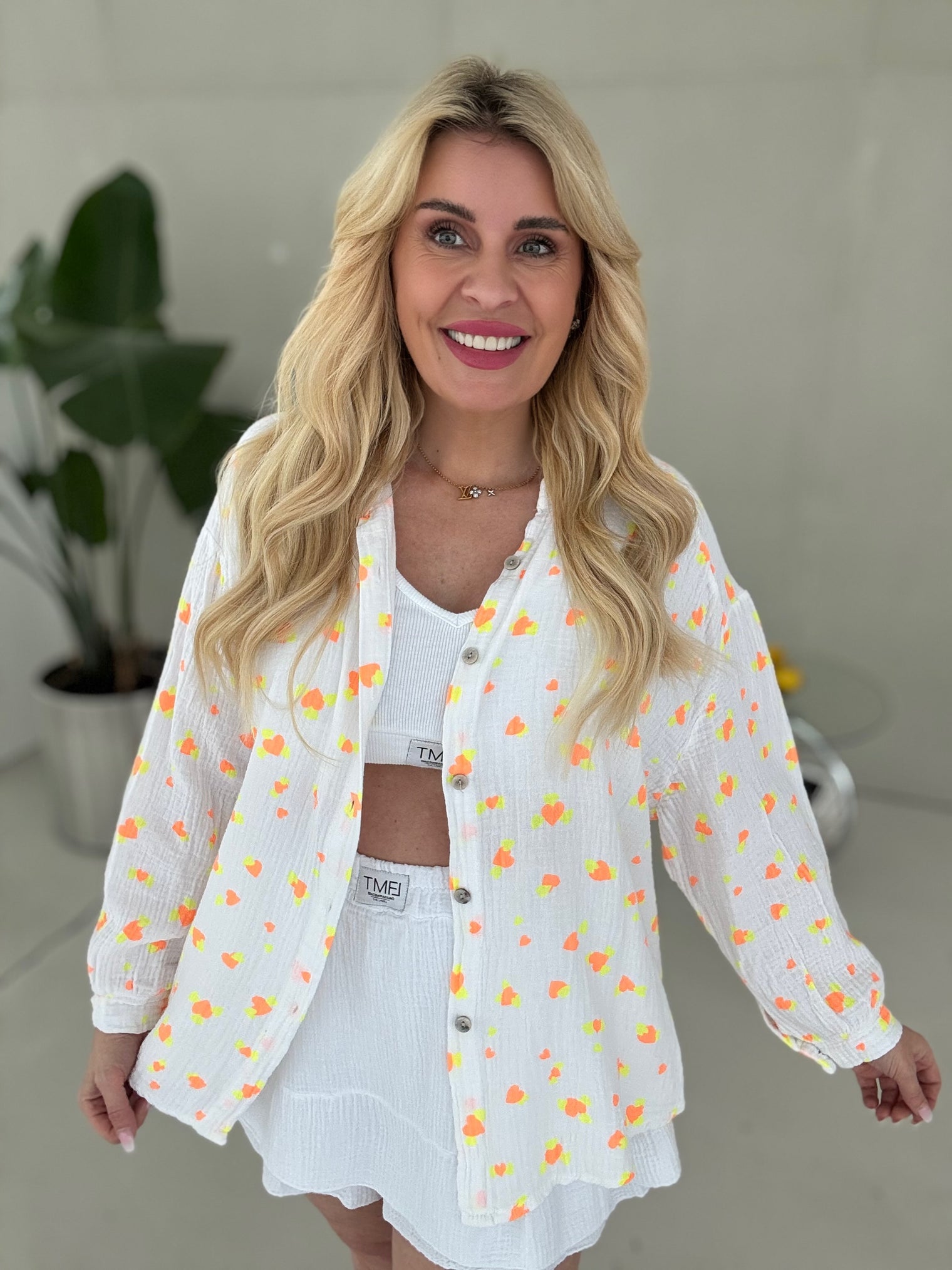 Musselin Bluse weiß LOVESTORY Herzen hot gelb & orange