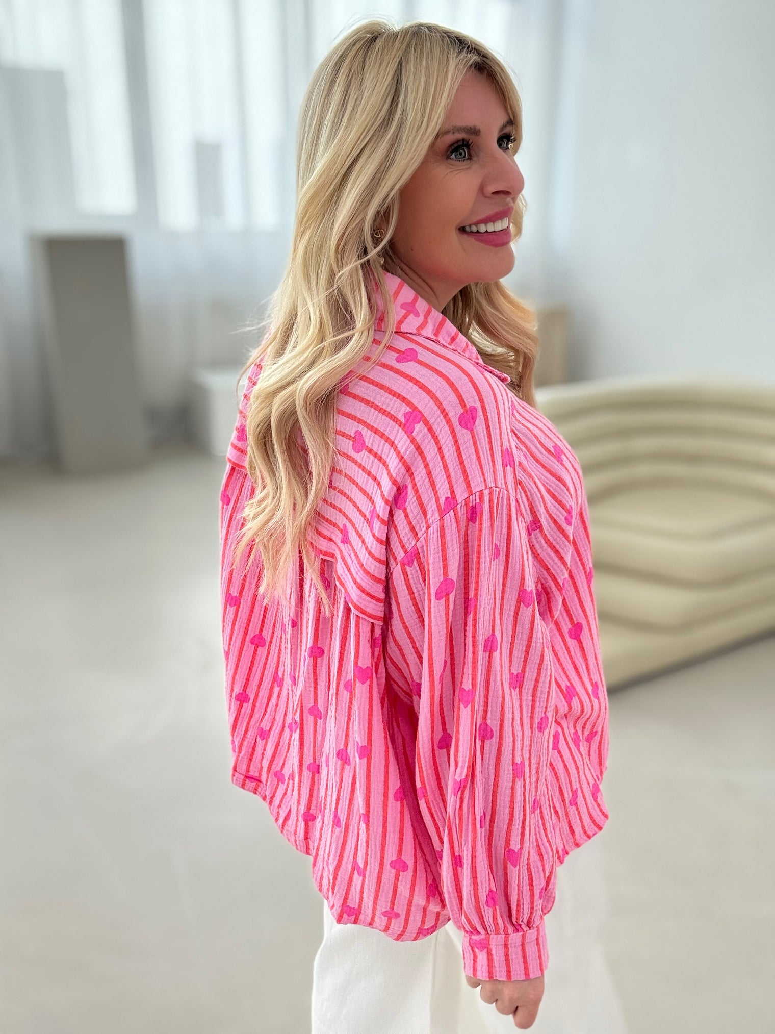 Musselin Bluse HEART ATTACK  rosa/ orange Streifen/ Pinke Herzen