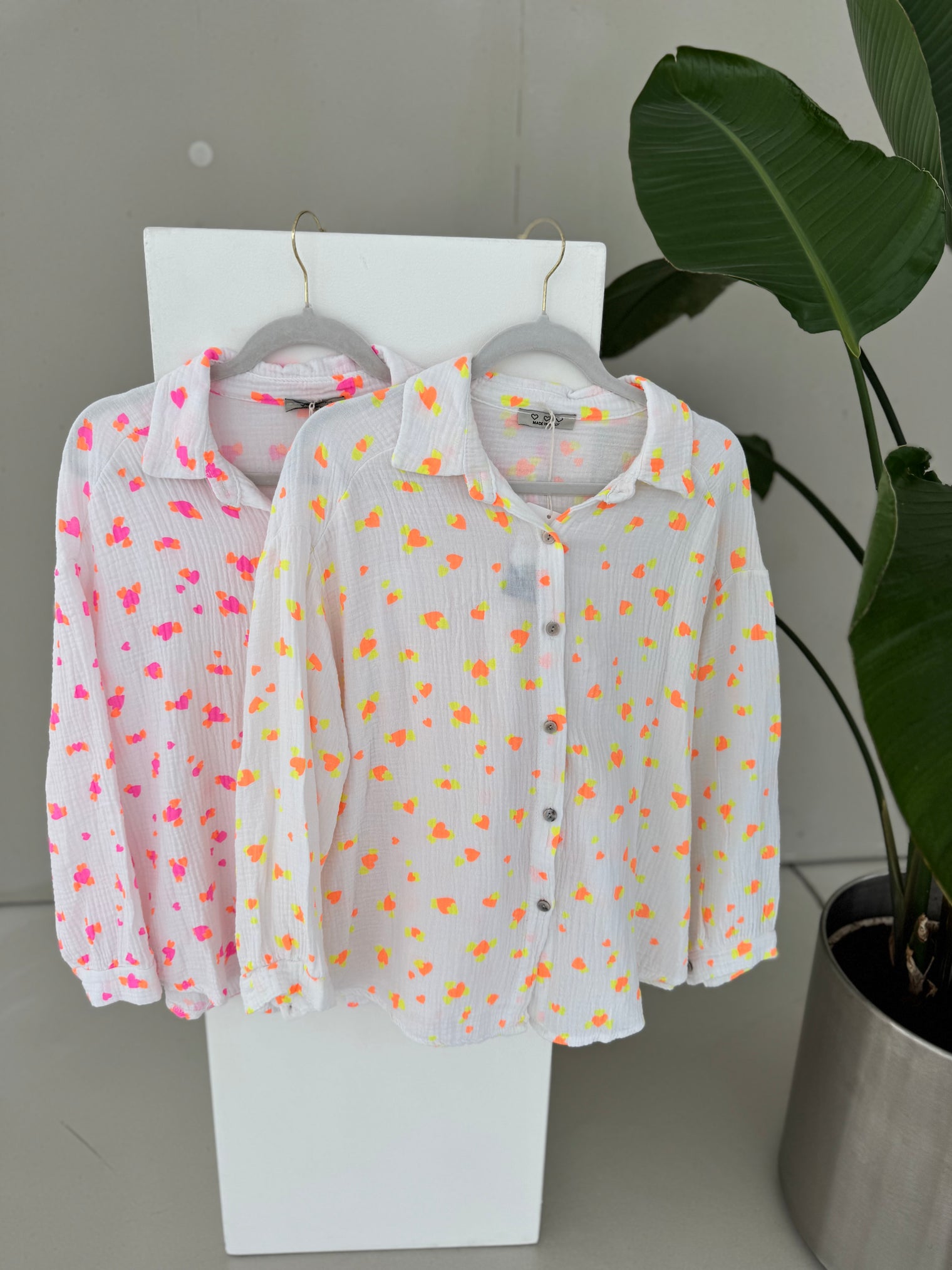 Musselin Bluse weiß LOVESTORY Herzen hot gelb & orange