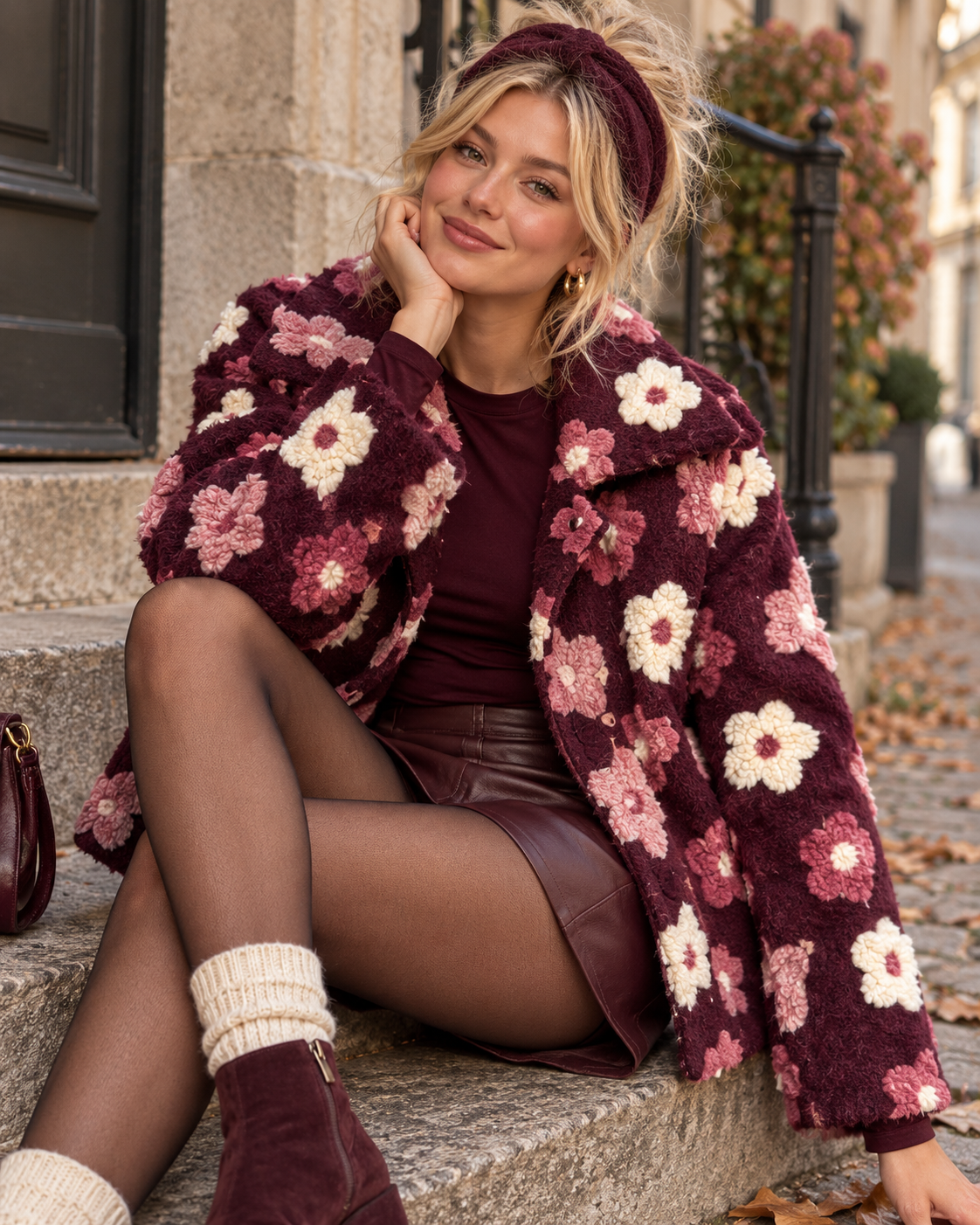 Jacke FLEUR DE LUXE mit 3D-Blütenapplikation burgundy