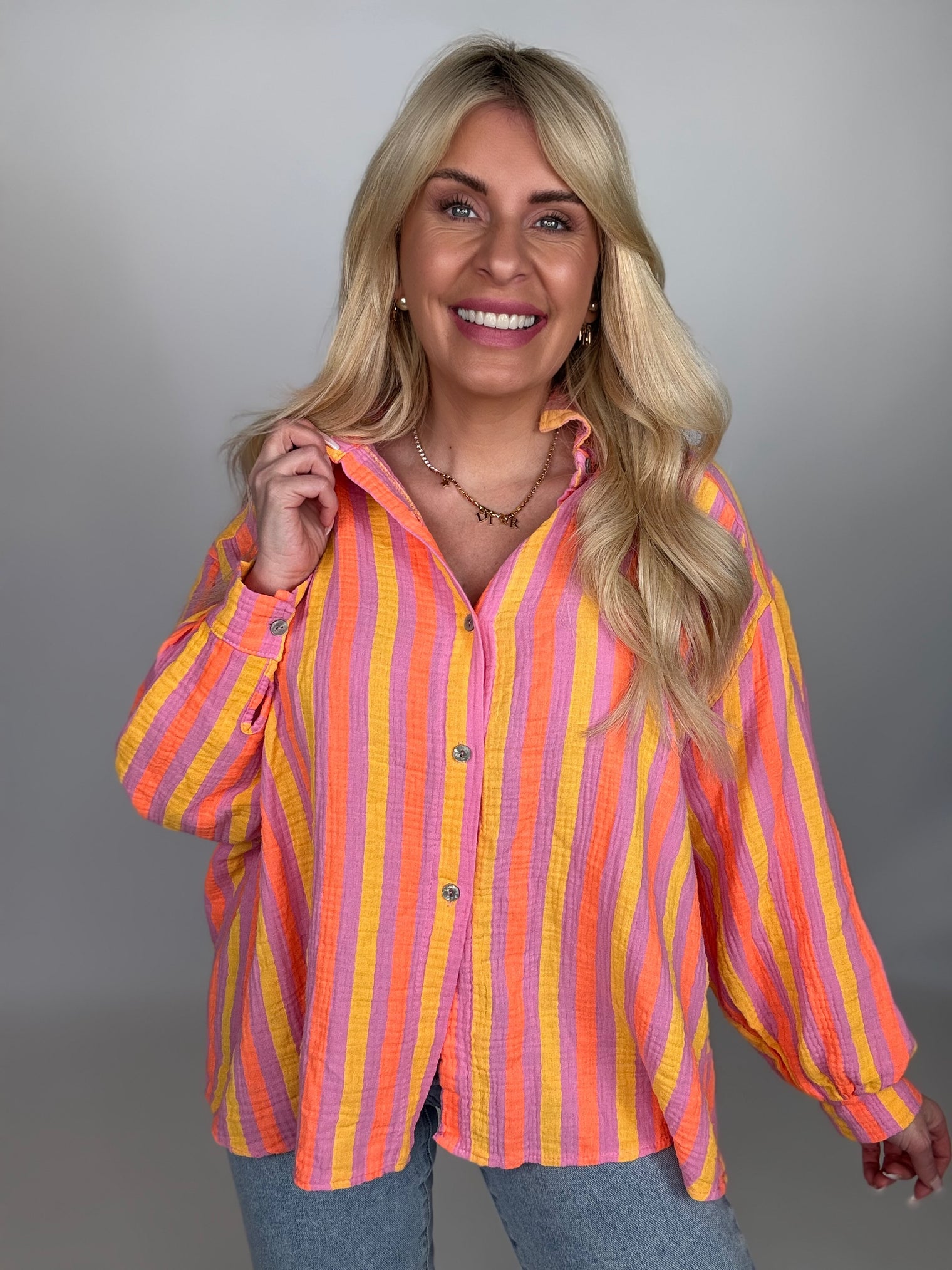 Musselin Bluse rosa NEON STREIFEN gelb&orange