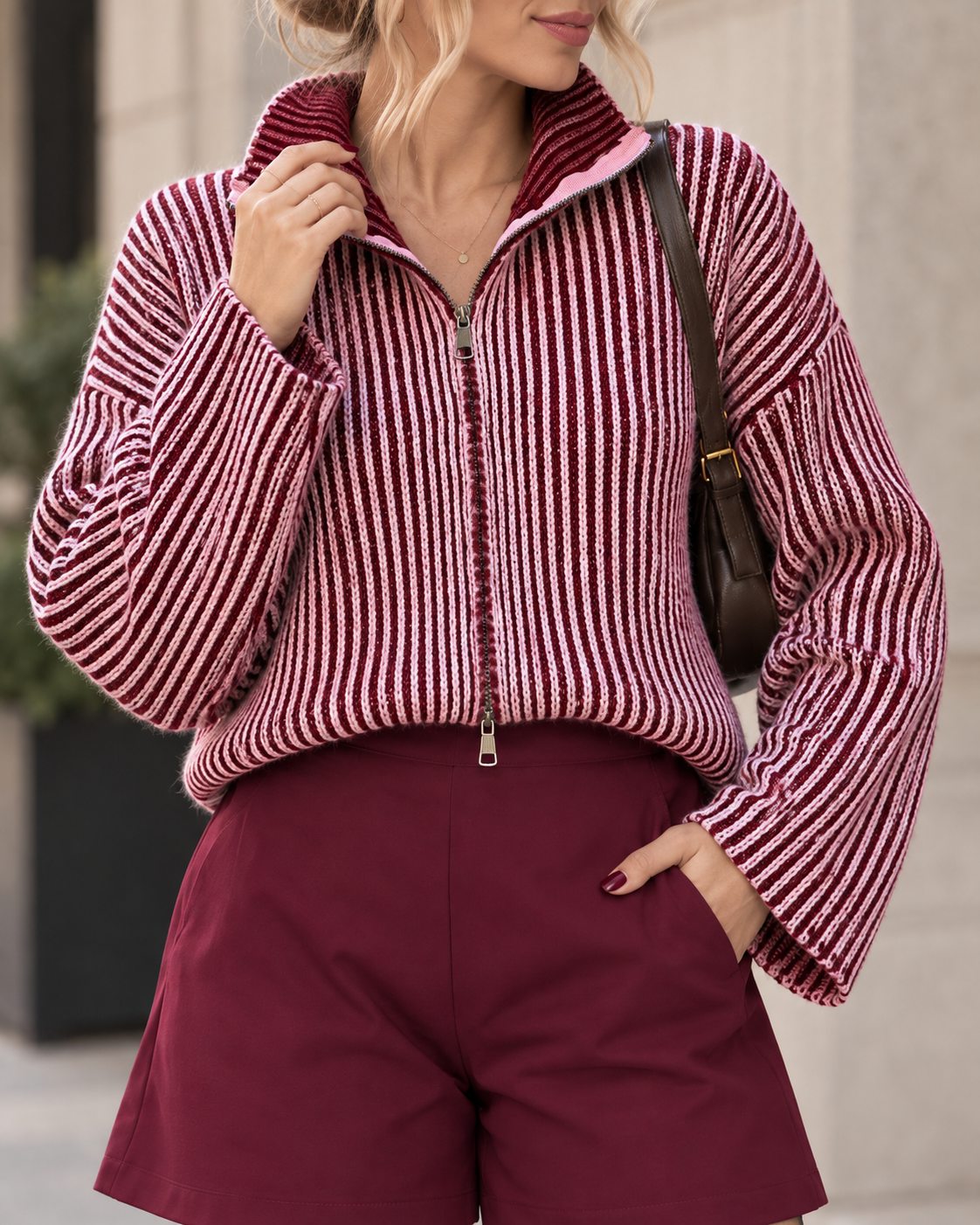 Strickjacke ZIPPER STRIPES burgundy/rosa