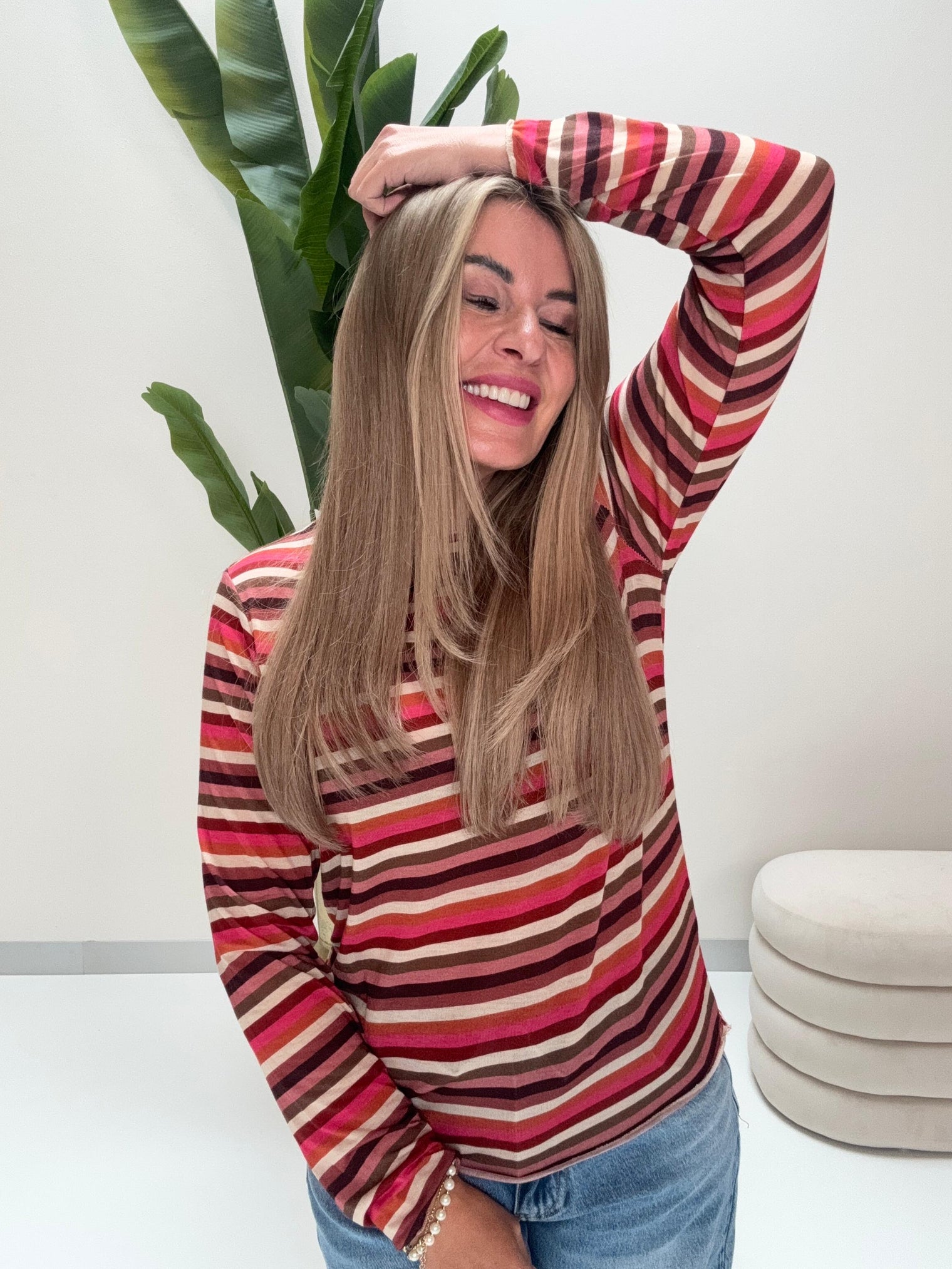 Comfy Stretchy Cashmere Langarmshirt pflaume/creme/pink/rost