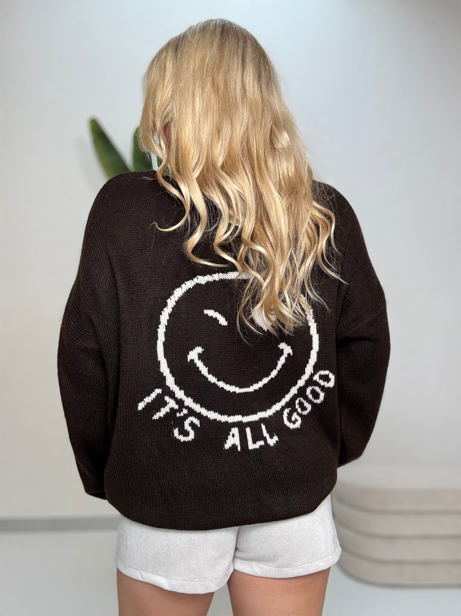 Oversize Strickpullover mit Smiley&Rückenprint dark chocolate/creme