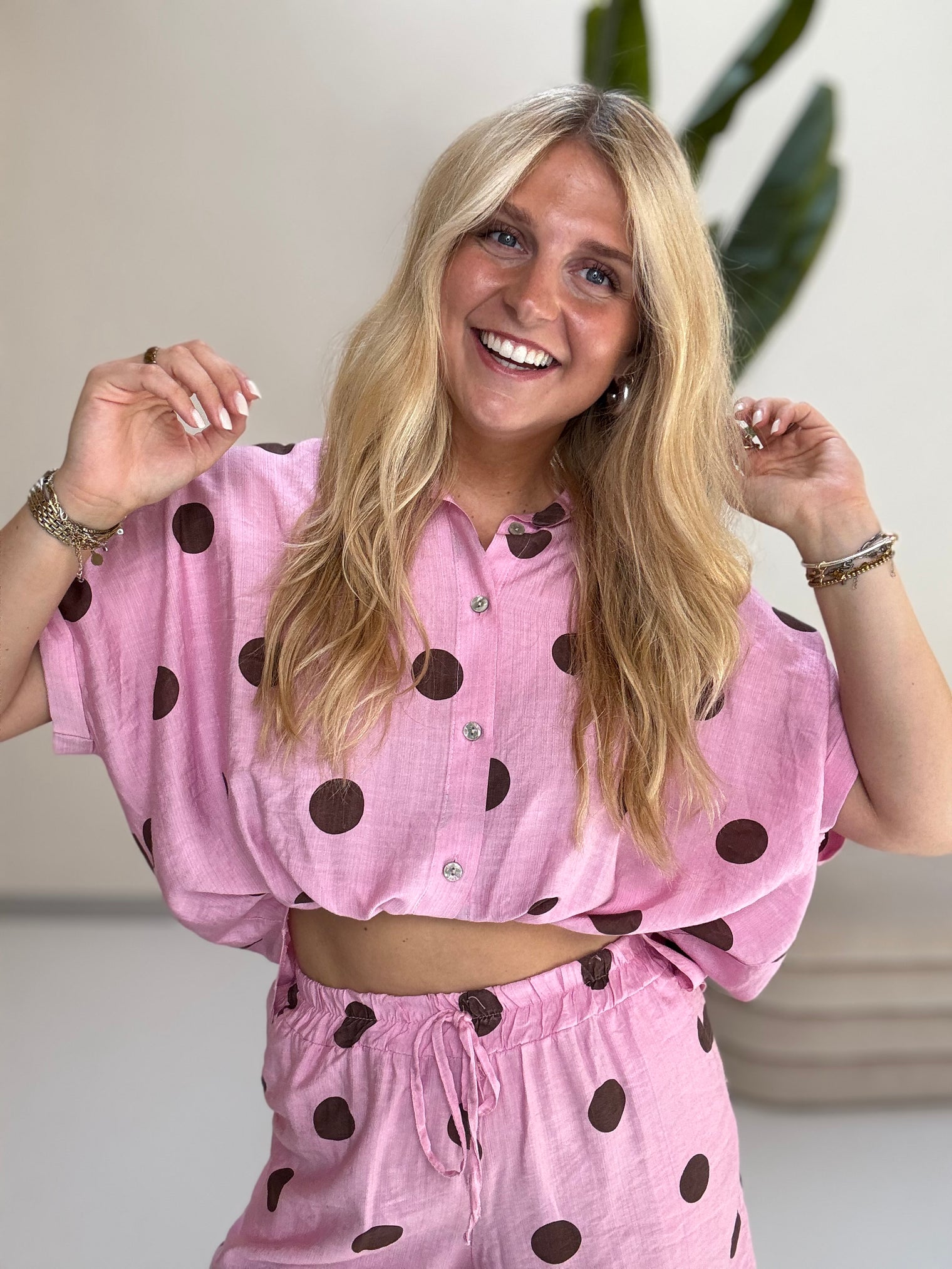Leichte Sommer Bluse candy rose BIG POLKA DOTS coffee