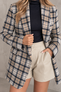 Karierter Long Blazer/ Kurz Mantel in Beige/Navy