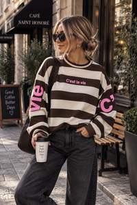 Sweater mit Rückenprint C'EST LA VIE beige/chocolate