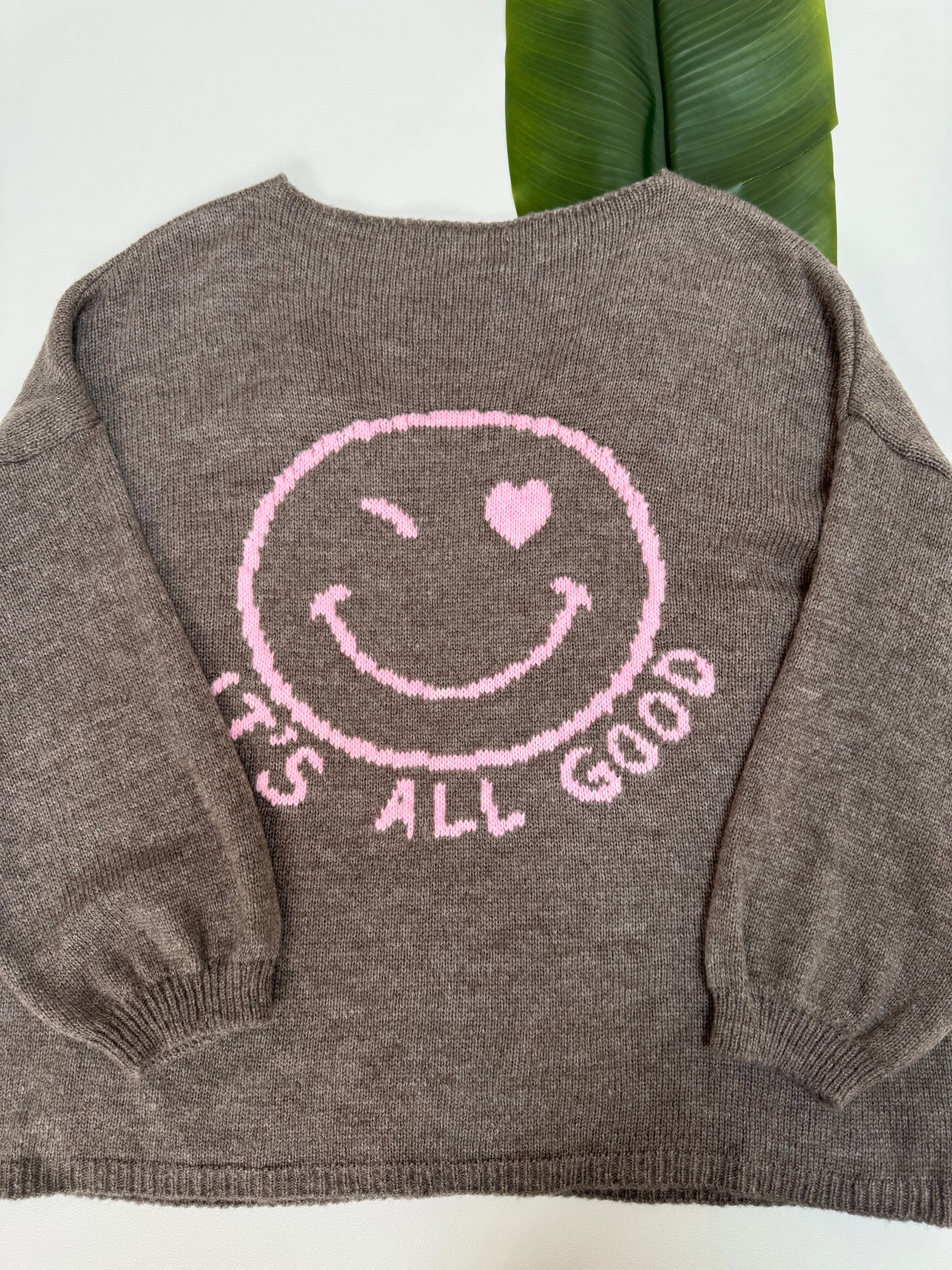 Oversize Strickpullover mit Smiley&Rückenprint taupe/rosa