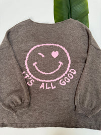 Oversize Strickpullover mit Smiley&Rückenprint taupe/rosa