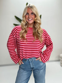 Longsleeve mit leicht ausgestelltem Ärmel STRIPES rot/pink