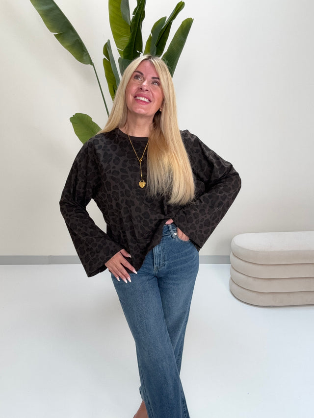 Longsleeve mit leicht ausgestelltem Ärmel dark chocolate LEO schwarz/braun