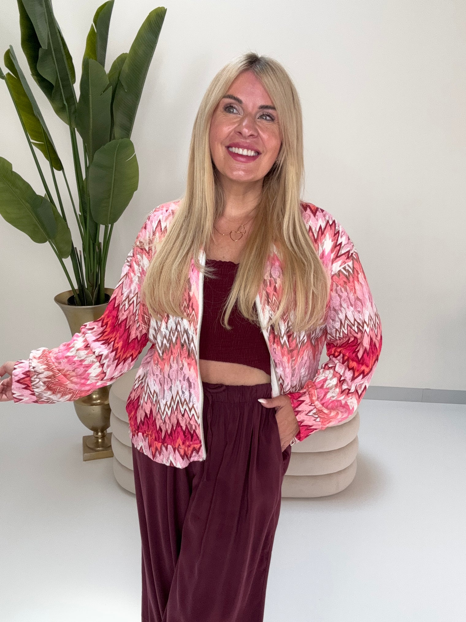 Blouson Spitzen Zipper Jacke weiß/rosa/fuchsia/pink