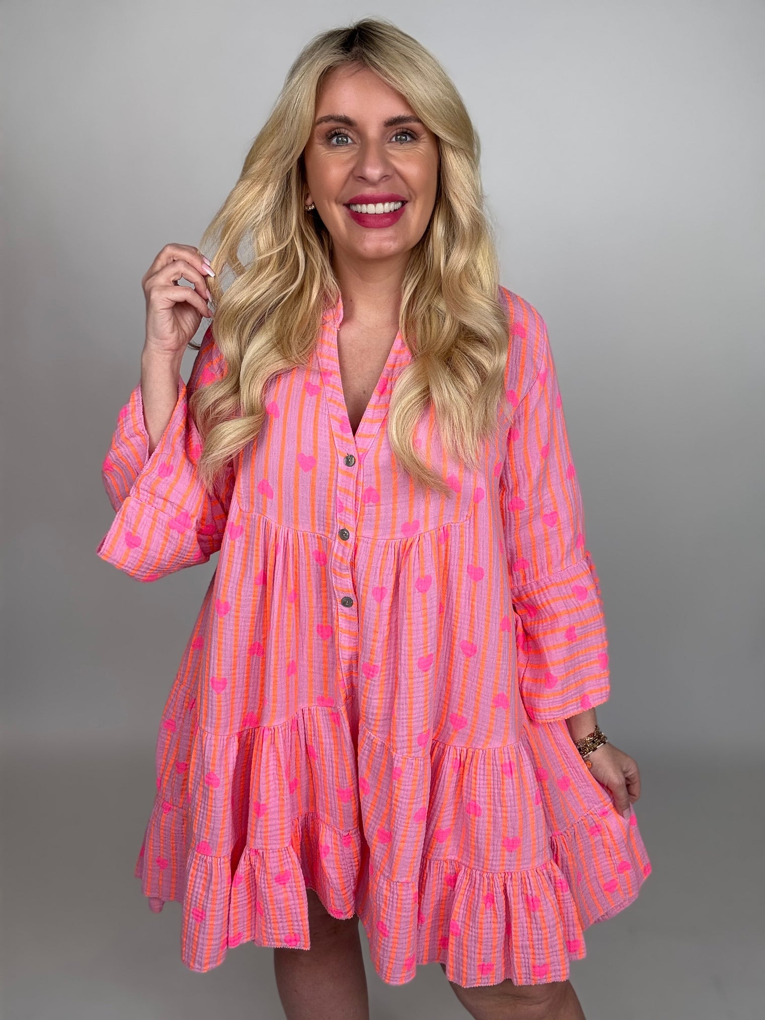 Kleid kurz rosa HEART ATTACK leuchtend orange Streifen & Herzen pink