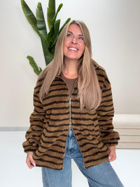 Teddy Jacke mit Reißverschluss toffee/dark chocolate gestreift