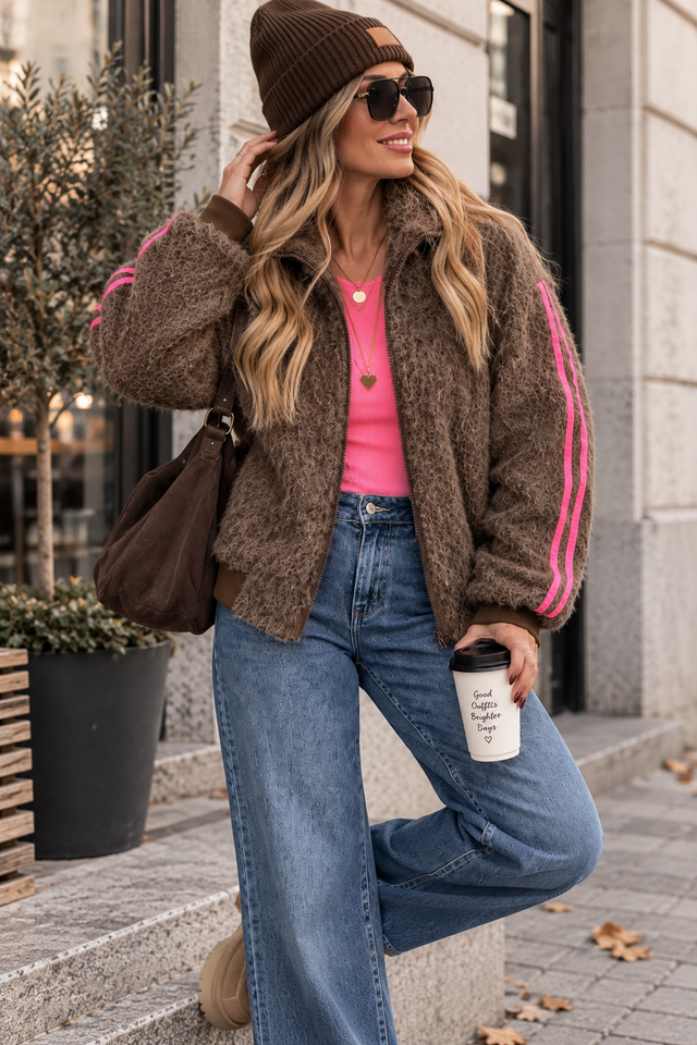 Jacke SPORTY COZYNESS chocolate/pink mit seitlichen Streifen