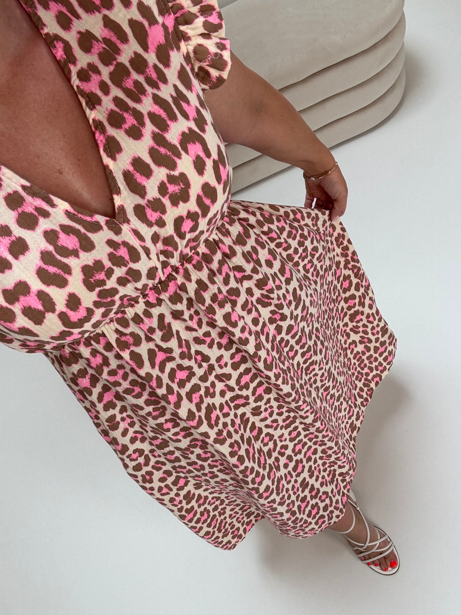 Signature Boho Musselin Kleid creme LEO POWER braun/rosa