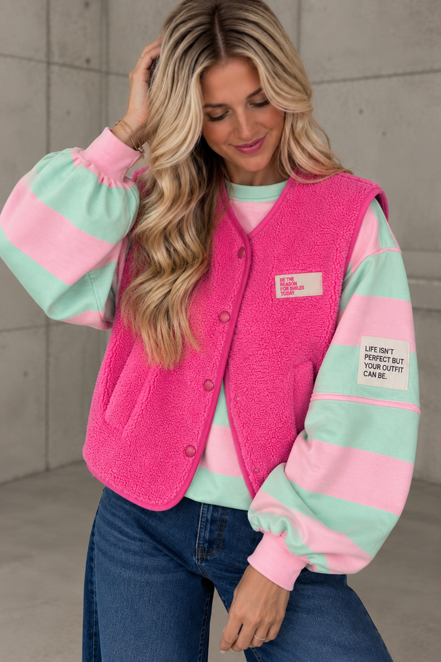 Teddy Weste mit Druckknöpfen & Patch BE THE REASON FOR SMILES TODAY pink