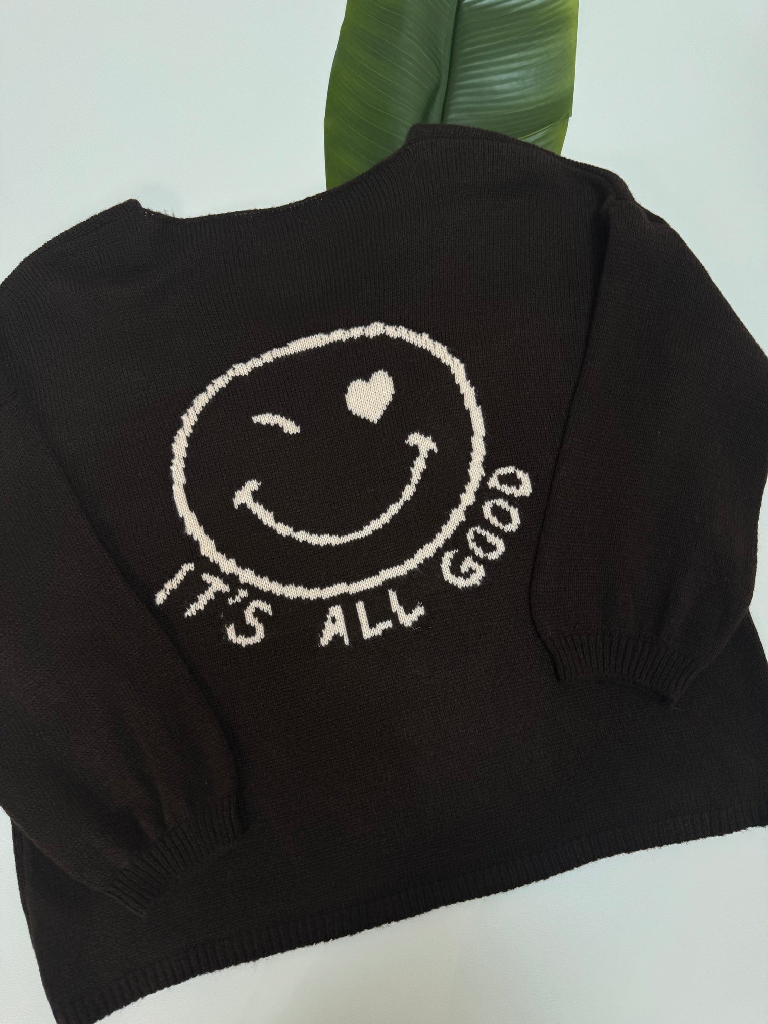 Oversize Strickpullover mit Smiley&Rückenprint dark chocolate/creme