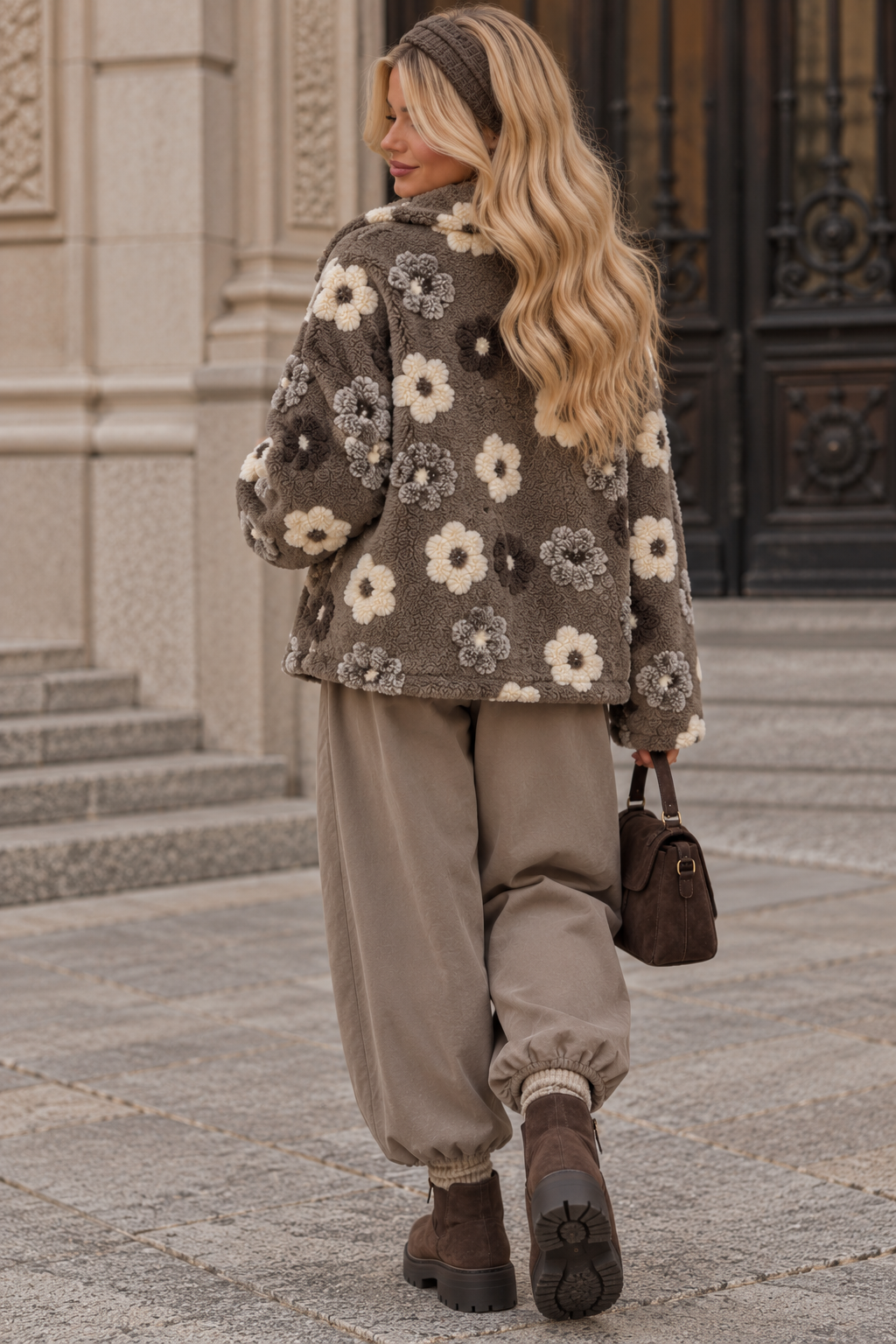 Jacke FLEUR DE LUXE mit 3D-Blütenapplikation taupe
