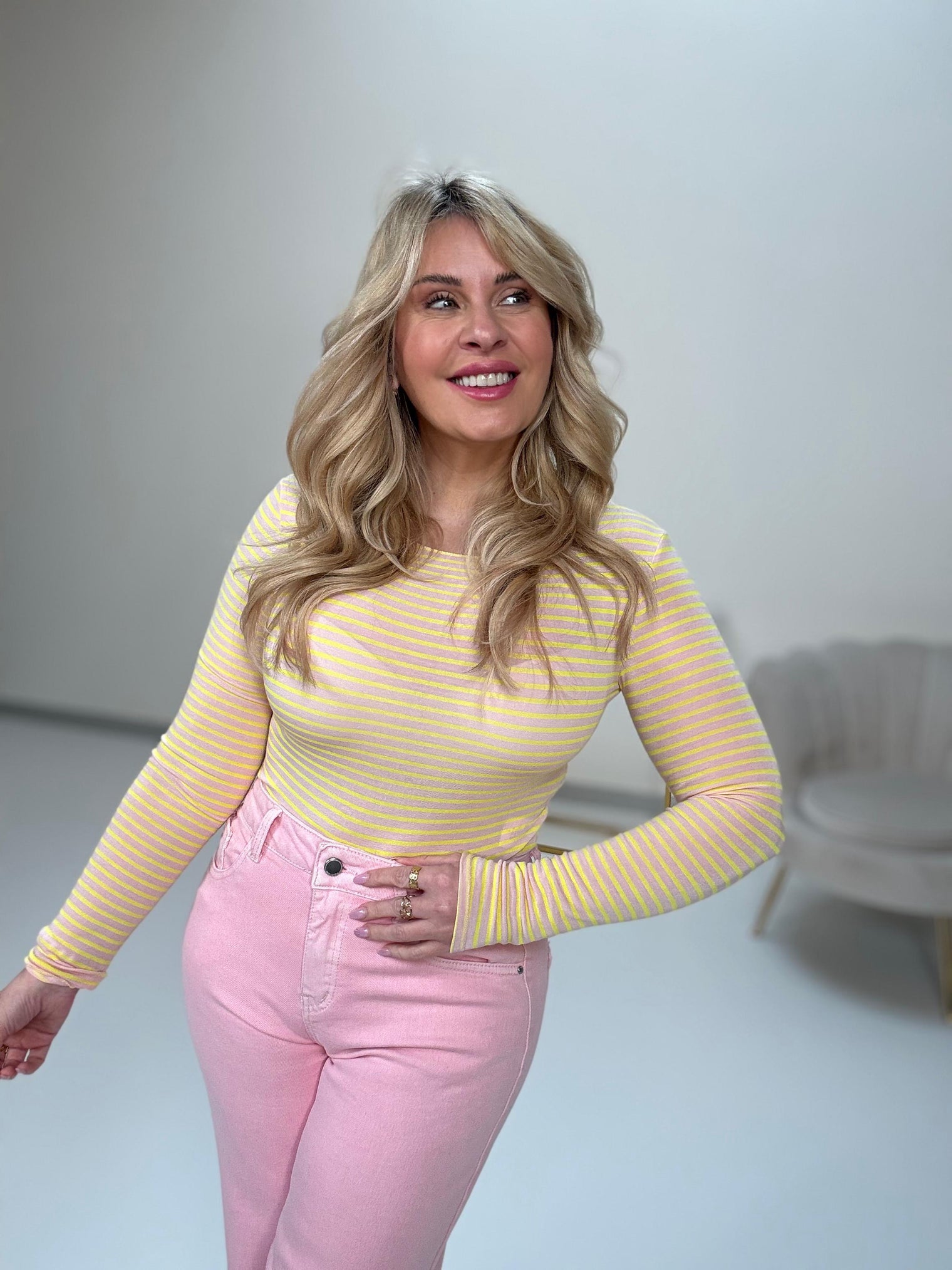 Stretchy Cashmere Langarmshirt SMALL STRIPES gelb/rosa