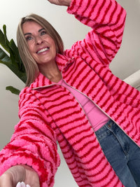 Teddy Jacke mit Reißverschluss pink/rot gestreift