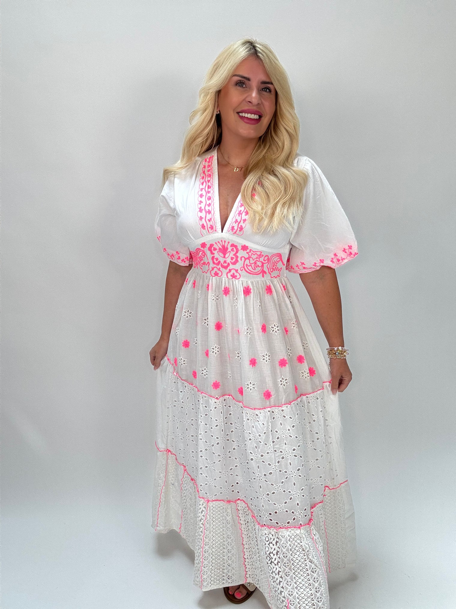 Kleid BOHEMIAN CHIC weiß/hotpink