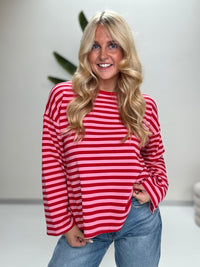 Longsleeve mit leicht ausgestelltem Ärmel STRIPES rot/pink