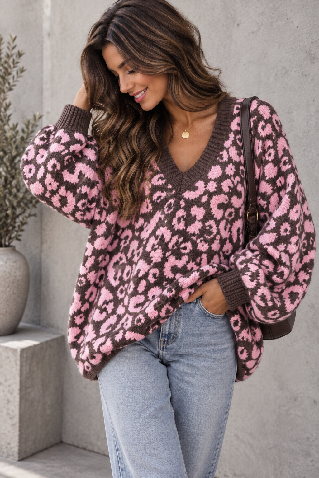 Cozy Strickpullover im angesagten Leo Muster taupe/rosa