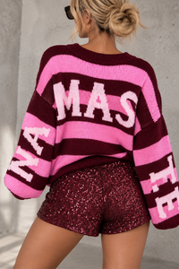 Kuschelweicher Strickpullover mit Rückenprint NAMASTE Gestreift Rosa/Burgundy
