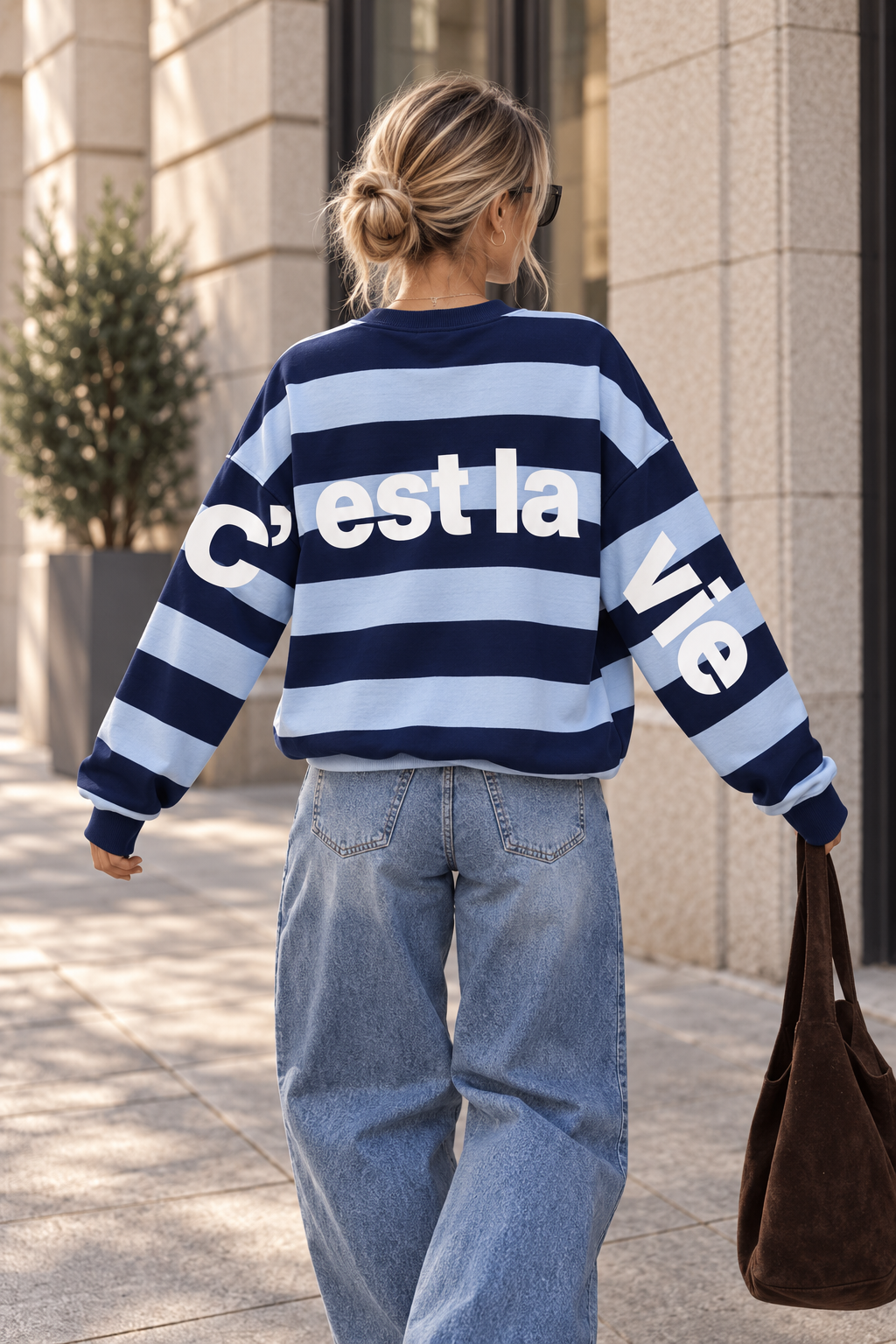 Sweater mit Rückenprint C'EST LA VIE navy/hellblau