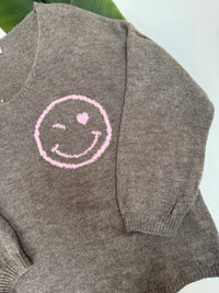 Oversize Strickpullover mit Smiley&Rückenprint taupe/rosa
