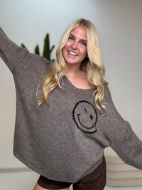 Oversize Strickpullover mit Smiley&Rückenprint taupe/dark chocolate