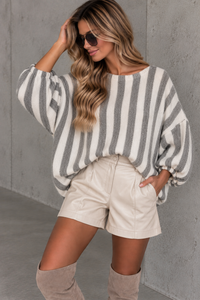 Oversize Strickpullover Stripes mit Alpakaanteil grau/creme