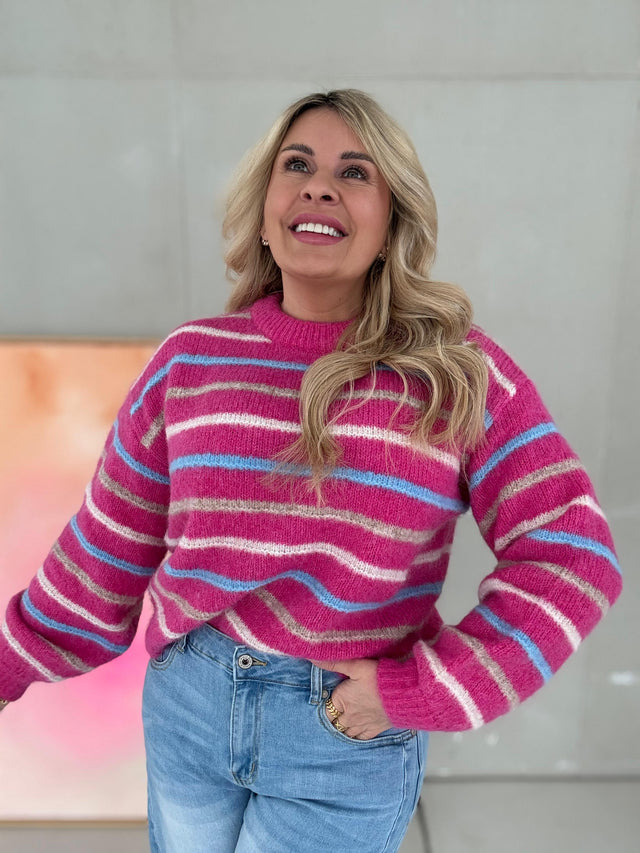 Pullover fuchsia SMALL STRIPES weiß/blau/taupe