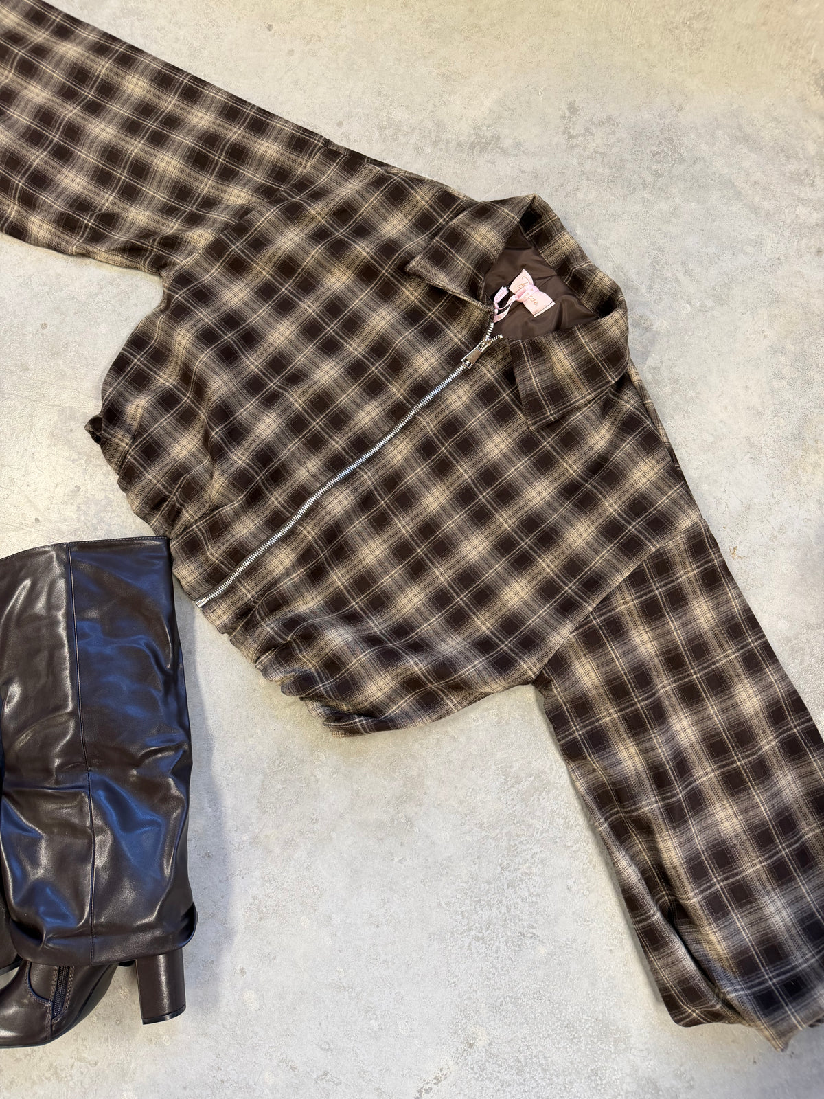 Cropped Flanell Jacke KARO chocolate/beige