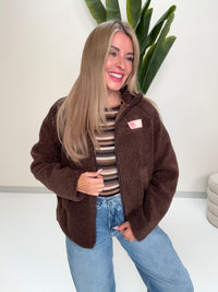 Kuschel Jacke mit Reißverschluss & Patch BE THE REASON FOR SMILES TODAY dark chocolate