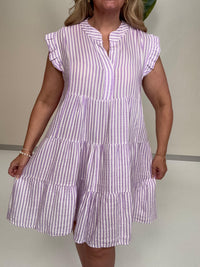 Signature Musselin Kleid kurz weiß SMALL STRIPES flieder