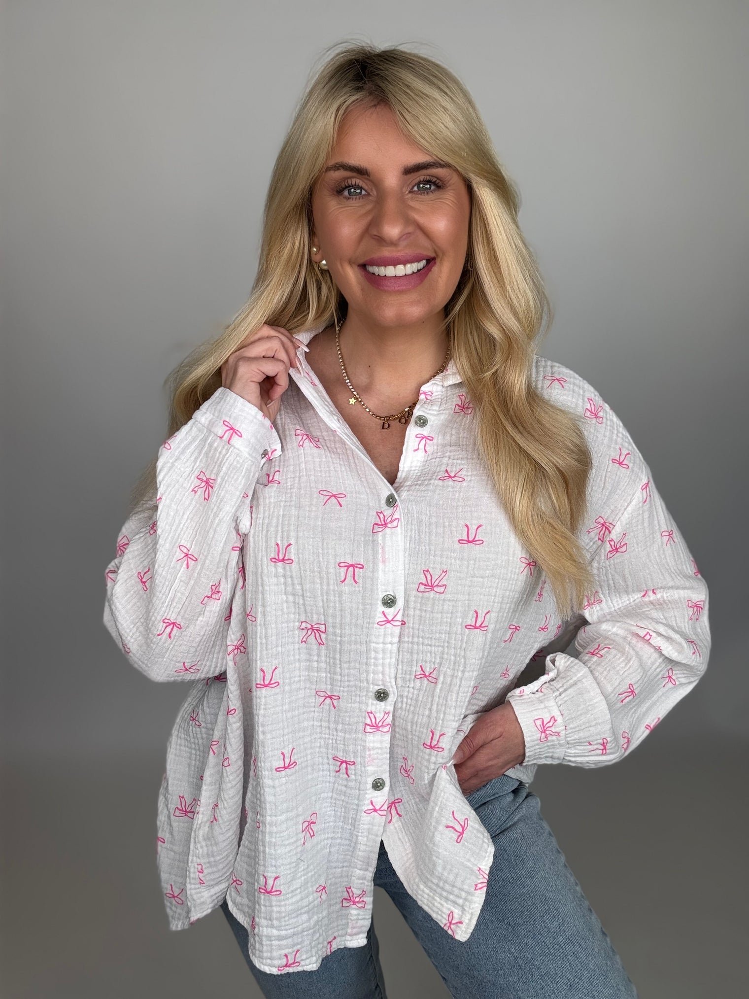 Musselin Bluse weiß LOVELY BOWS pink