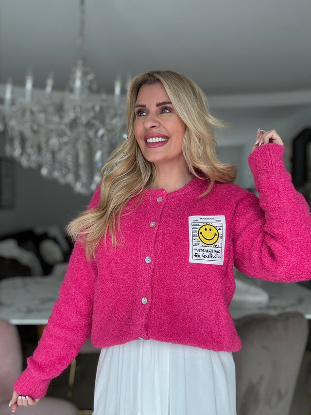 Kuschelige Strickjacke mit Smiley Patch fuchsia
