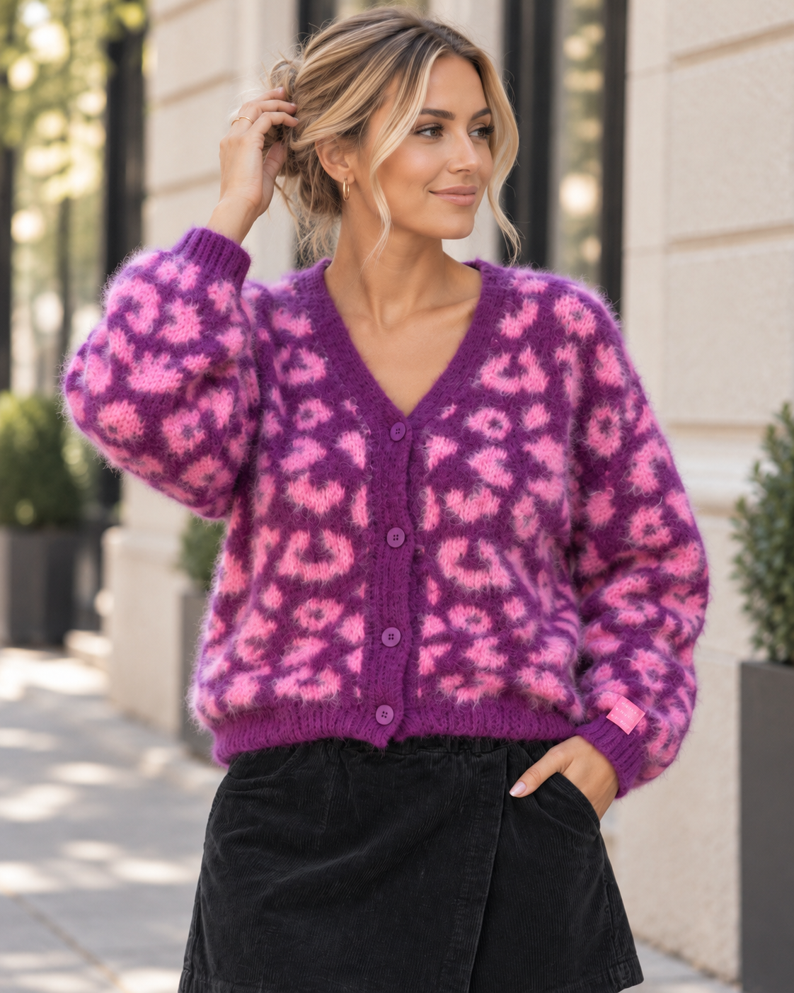 Strickjacke mit Knopfleiste pflaume/rosa LEO
