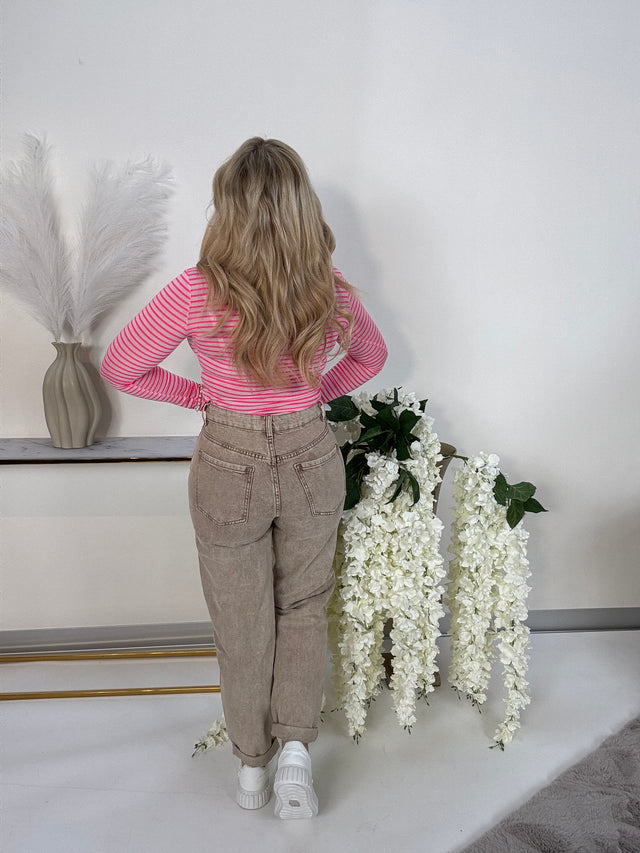 Mom Strech Jeans Sand  WASHED BEIGE