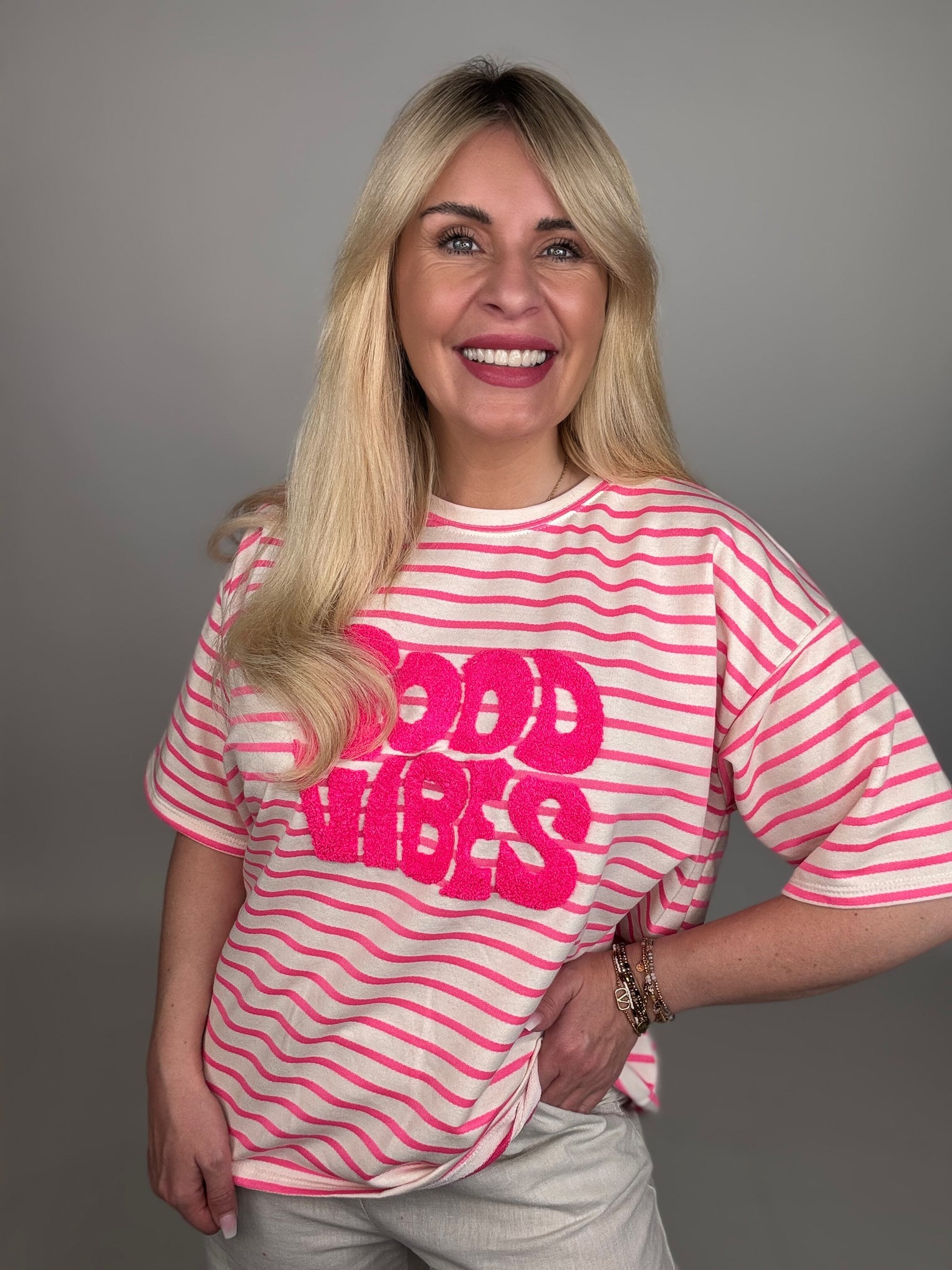Statement Shirt gestreift GOOD VIBES hot pink