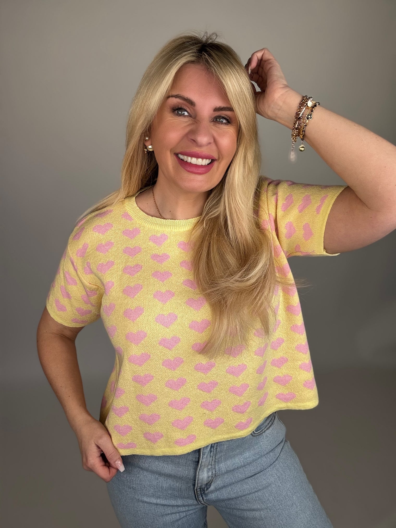 Strick Shirt mit Herzen gelb rosa