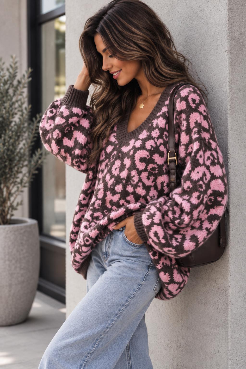Cozy Strickpullover im angesagten Leo Muster taupe/rosa